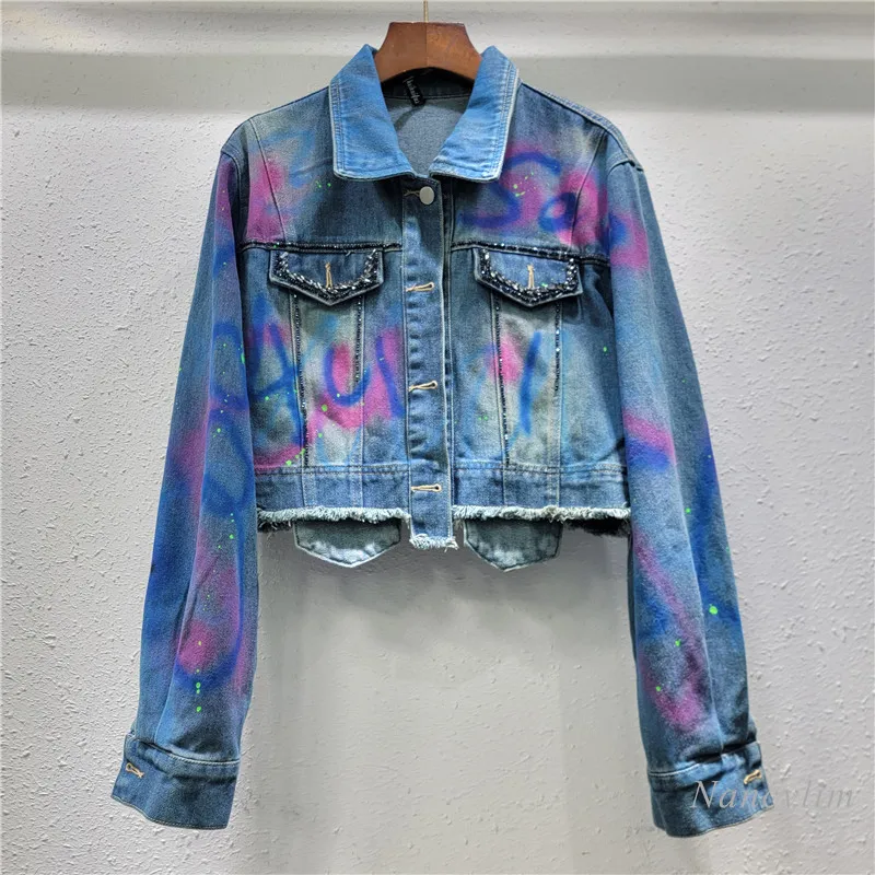 

European and American Short Denim Jacket 2024 Autumn New Heavy Industry Rhinestone Diamond Graffiti Spray Paint Short Coat Women