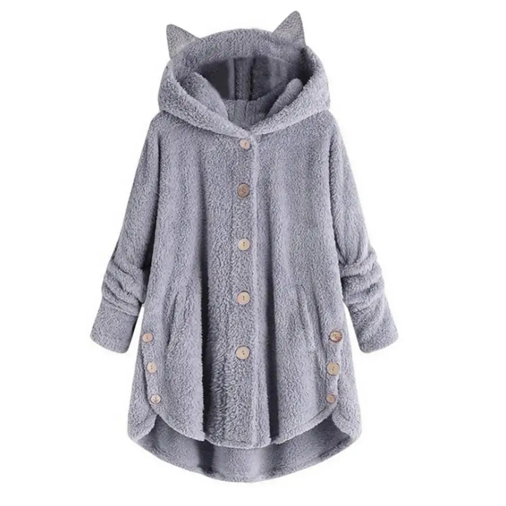 Cute Thick Plush Women Hoodies Winter Fur Cats Ears Hooded Irregular Hem Button Jacket Fleece Hoodies Coat