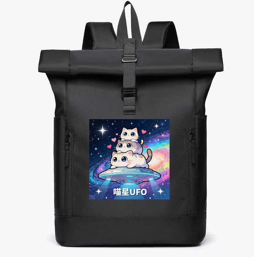 

Men's Senior Sense of Business Computer Outdoor Leisure Rolled Edge Travel Backpack Cat U F O Printed Fashion Commuting Bag