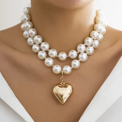 Big Imitation Pearl Beads Layered Chains with Heart Pendant Necklace for Women Trendy Wedding Ladies Accessories on Neck Fashion