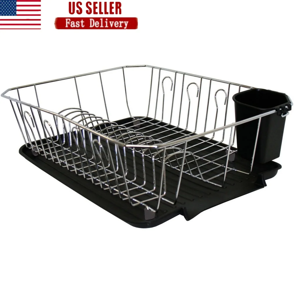 

Chrome Dish Rack Set 3 Piece Iron Construction Rust Resistant Dish Drainer with Cutlery Basket and Water Catching Tray