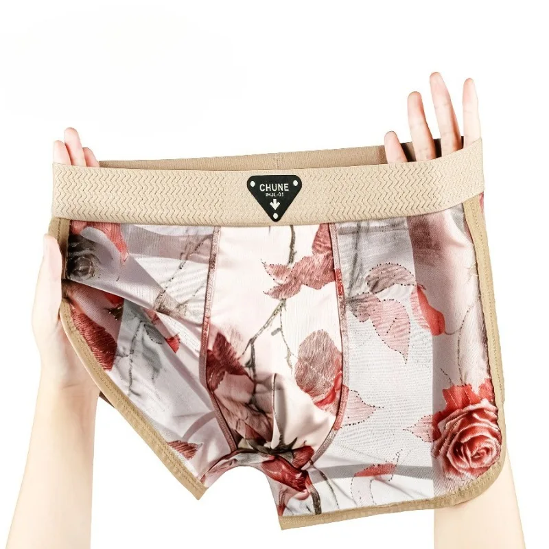 

Ultra Thin See Through Boxer Shorts Men Floral Print Ice Silk Seemless Underwear Breathable Mid Waist U Convex Underpant Trunk