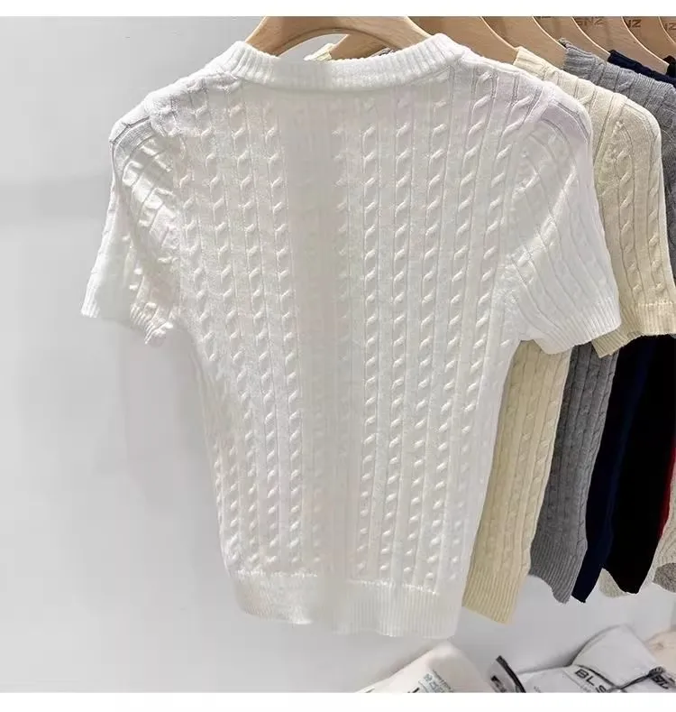 Zjaiss 2026 Summer Korean Retro Elegant Texture Short Sleeve O-Neck Twist Knit Top Women Soft Casual Versatile Thin T-shirt