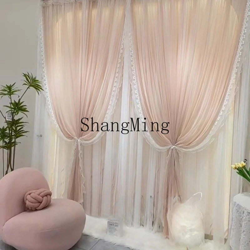 

SM custom cream wind modern double-layer gauze curtain balcony living room bedroom bay window curtain semi-blackout