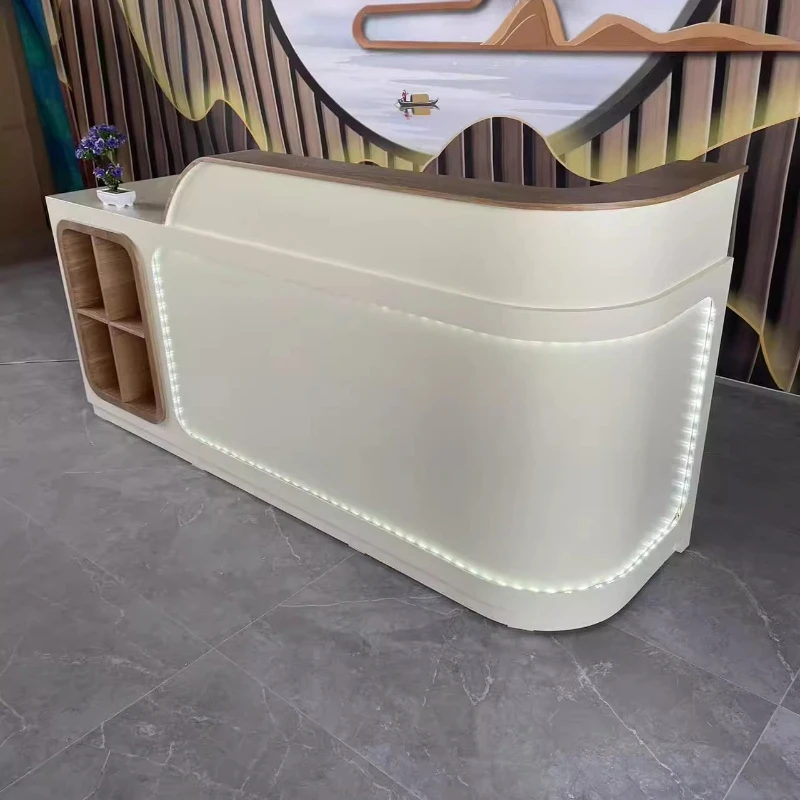

Simple Curved Shape Beautician Reception Plexi Desk Hutch Table Reception Desk Modern Furniture Rasbasen Cabinet Shop Decor