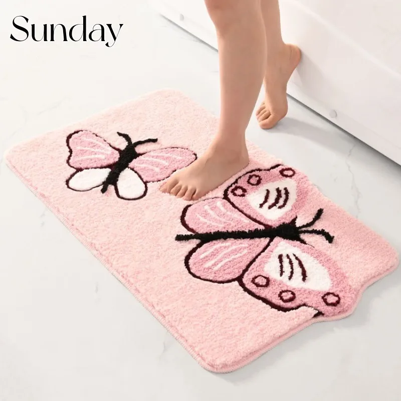 

Butterfly Flocking Rugs for Bedroom Cartoon Entrance Welcome Mat Modern Concise Soft Non-slip Carpets Cute Kids Bedside Area Rug