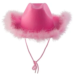 Sombrero de vaquero con ala de plumas esponjosas que combina con todo, sombrero de vaquera rosa para Mardi Gras Rave M6CD