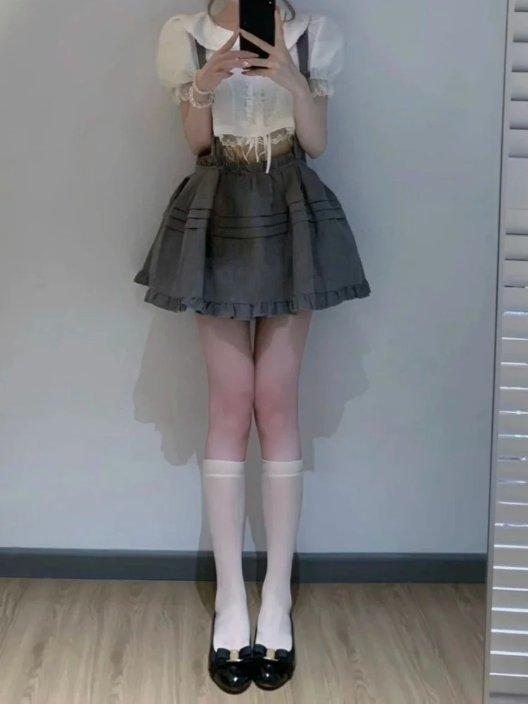 Conjunto de 2 piezas estilo preppy japonés para mujer: Top corto con manga abullonada, cuello de muñeca y ribete de encaje, y falda de cintura alta con dobladillo con volantes, ajuste ceñido, casual.