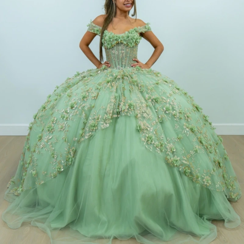 

Sage Green Shiny Quinceanera Dresses Ball Gown Off The Shoulder Gold Applique Flower Beads Tull Corset Party Birthday Sweet 16