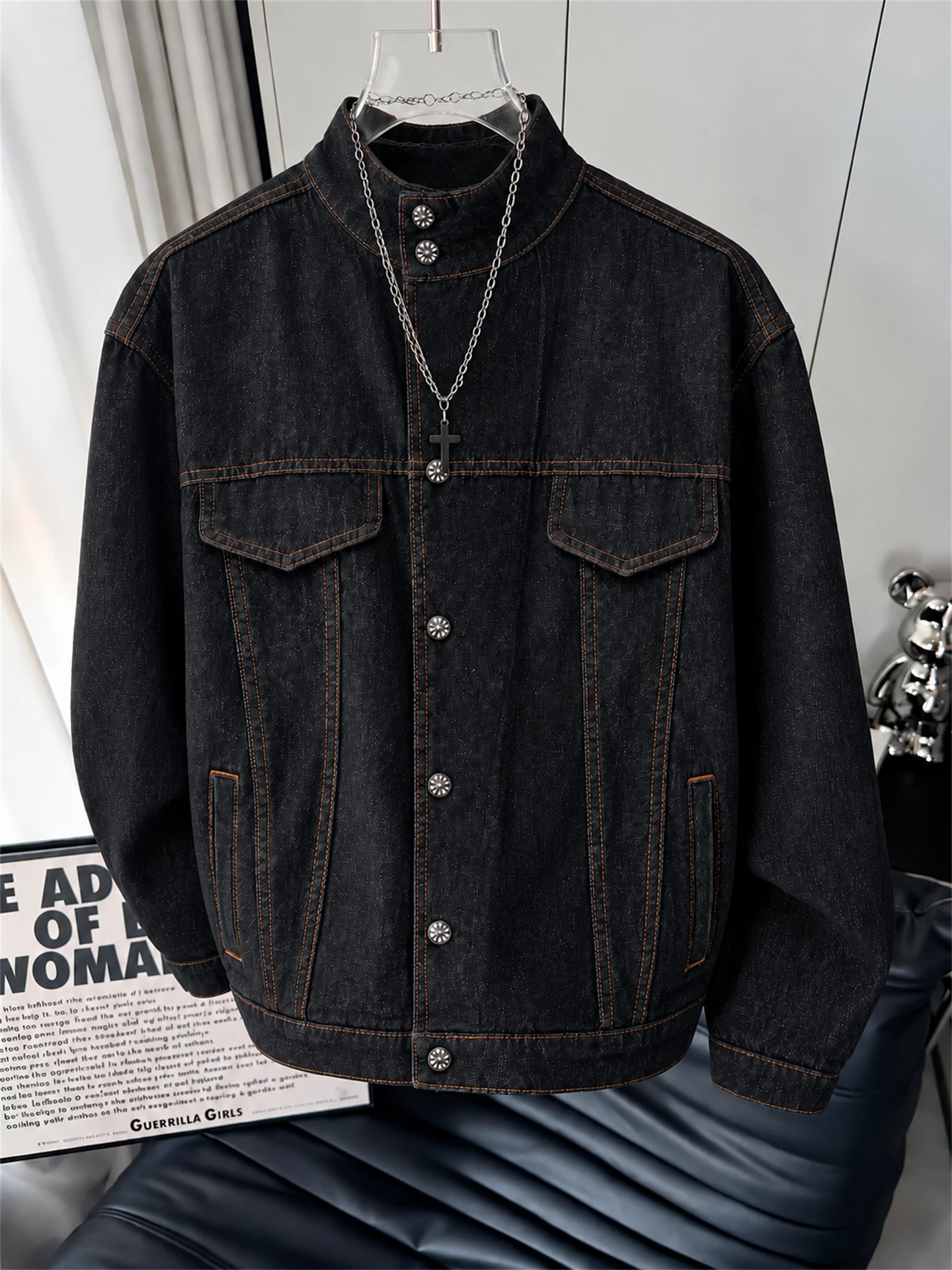 Retro Black Cow Button Stand Collar Denim Jacket Men's Loose Washed American Workwear Outerwear Spring Autumn Youth Fashion