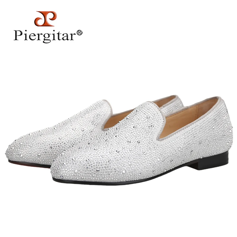 Piergitar Sliver Leather Parent-Child Shoes Handmade Crystal Kid's Loafers For Birthday Red Color Bottom Slip-On Toddler Flats