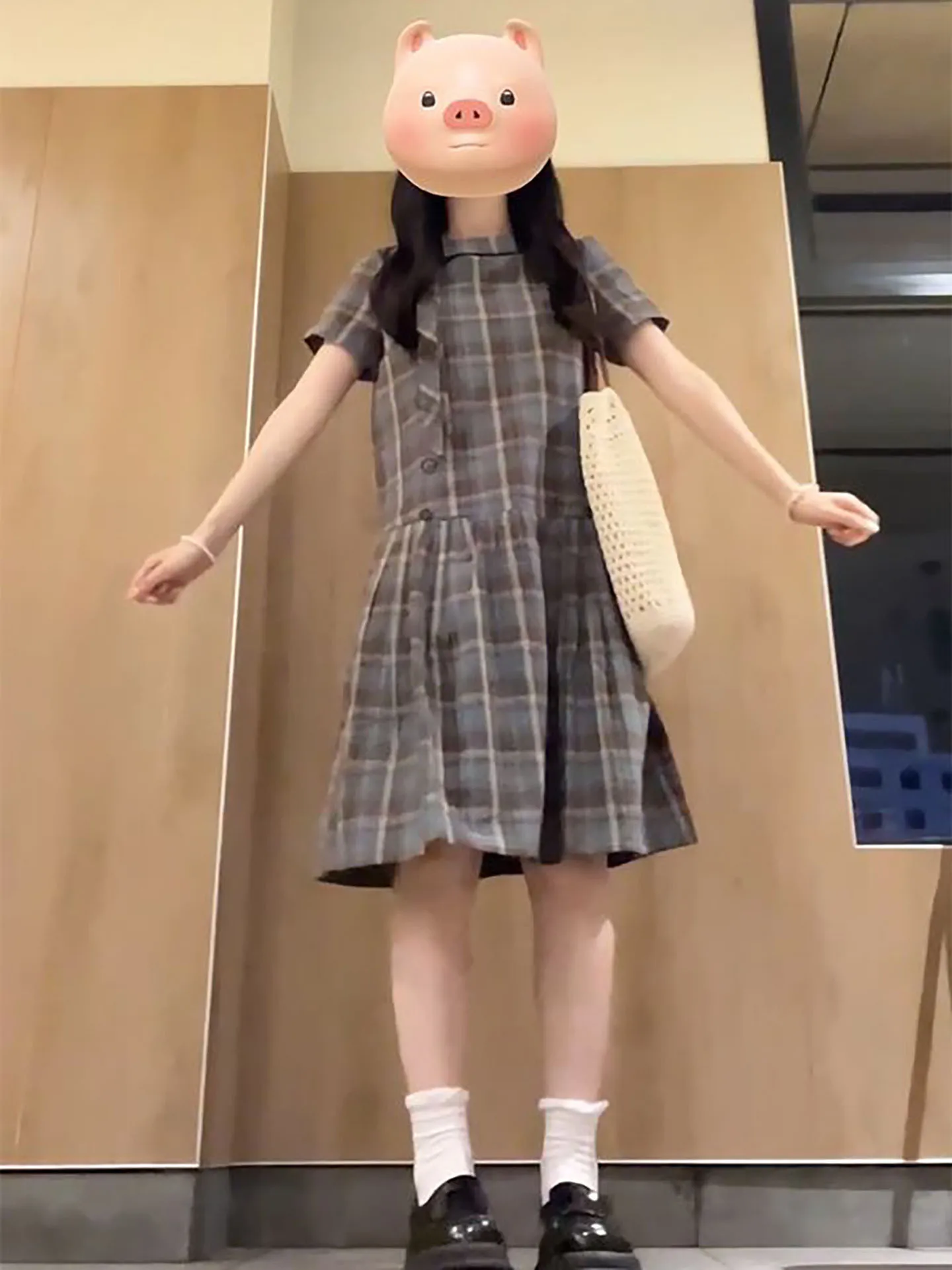 

Summer Vintage Gentle Knot Plaid Short Sleeve Dress New Style Women's Student Waist Inward Slim A-Line Skirt