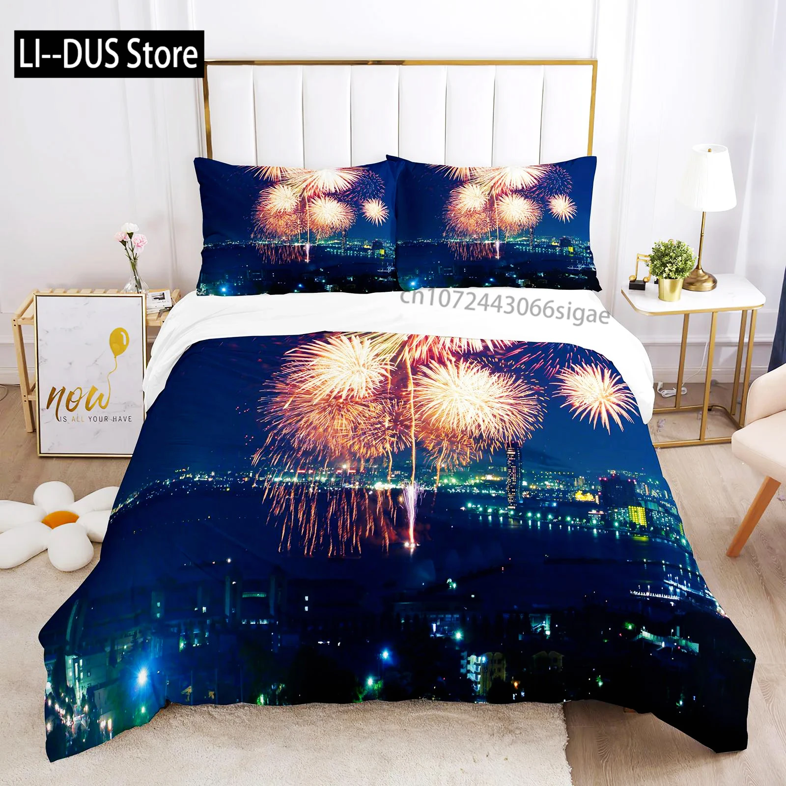 

Colourful Fires Bedding Set Washed Cotton Firework Duvet Cover Queen Size Celebrate Merry Christmas Theme Soft Comforter Cover