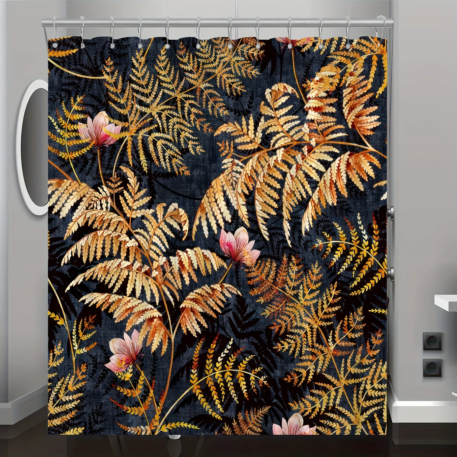 

1 шт. Занавеска для душа с ярким цветочным и листяным принтом — полиэстер, можно стирать в машине, всесезонная ткань с золотыми и розовыми акцентами,