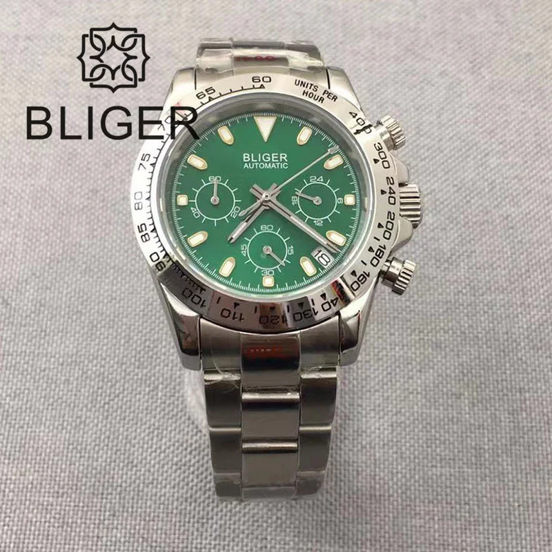 

BLIGER Japan VK63 Men's Automatic Watch Chronograph Sterile Silver Green Dial Stainless Steel Date Waterproof Sapphire Crystal