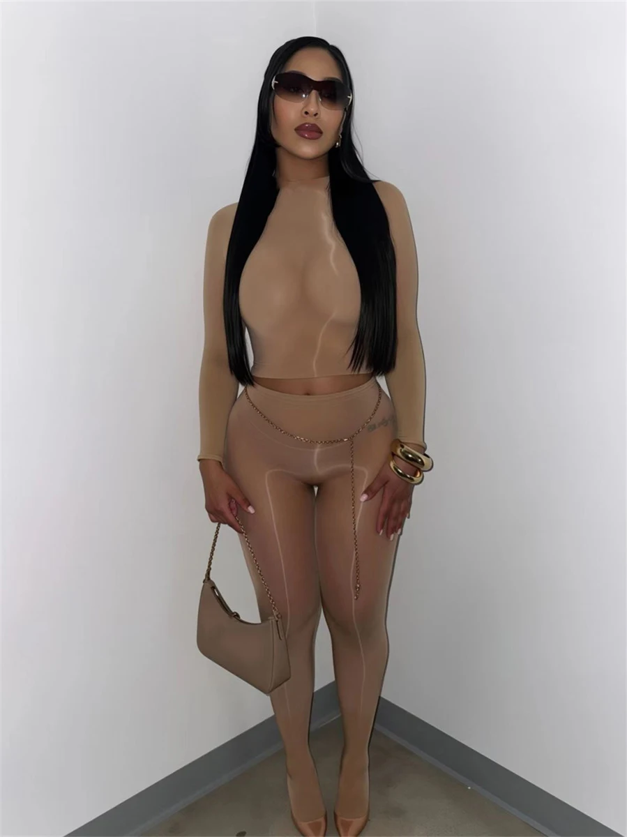 

Комплект из двух предметов Kliou Mesh See Through: женская футболка с круглым вырезом и длинными рукавами + облегающие брюки персикового цвета, сексуальный модный наряд для вечеринок.