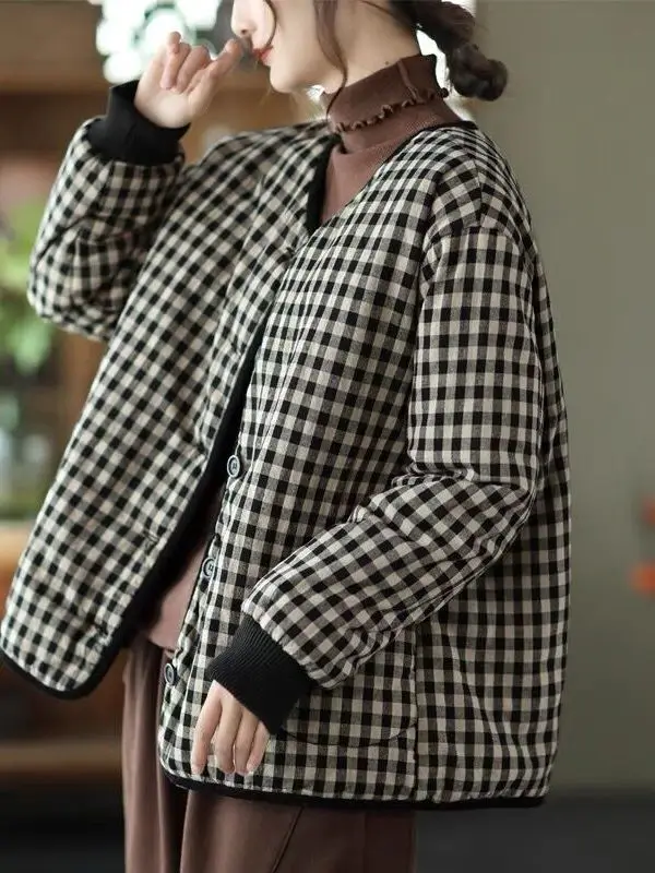 

Thiened Хлопковое фланелевое пальто в клетку в стиле ретро, теплое женское зимнее пальто в Корейском стиле, прямая трубка, длинное свековое круглое Ne