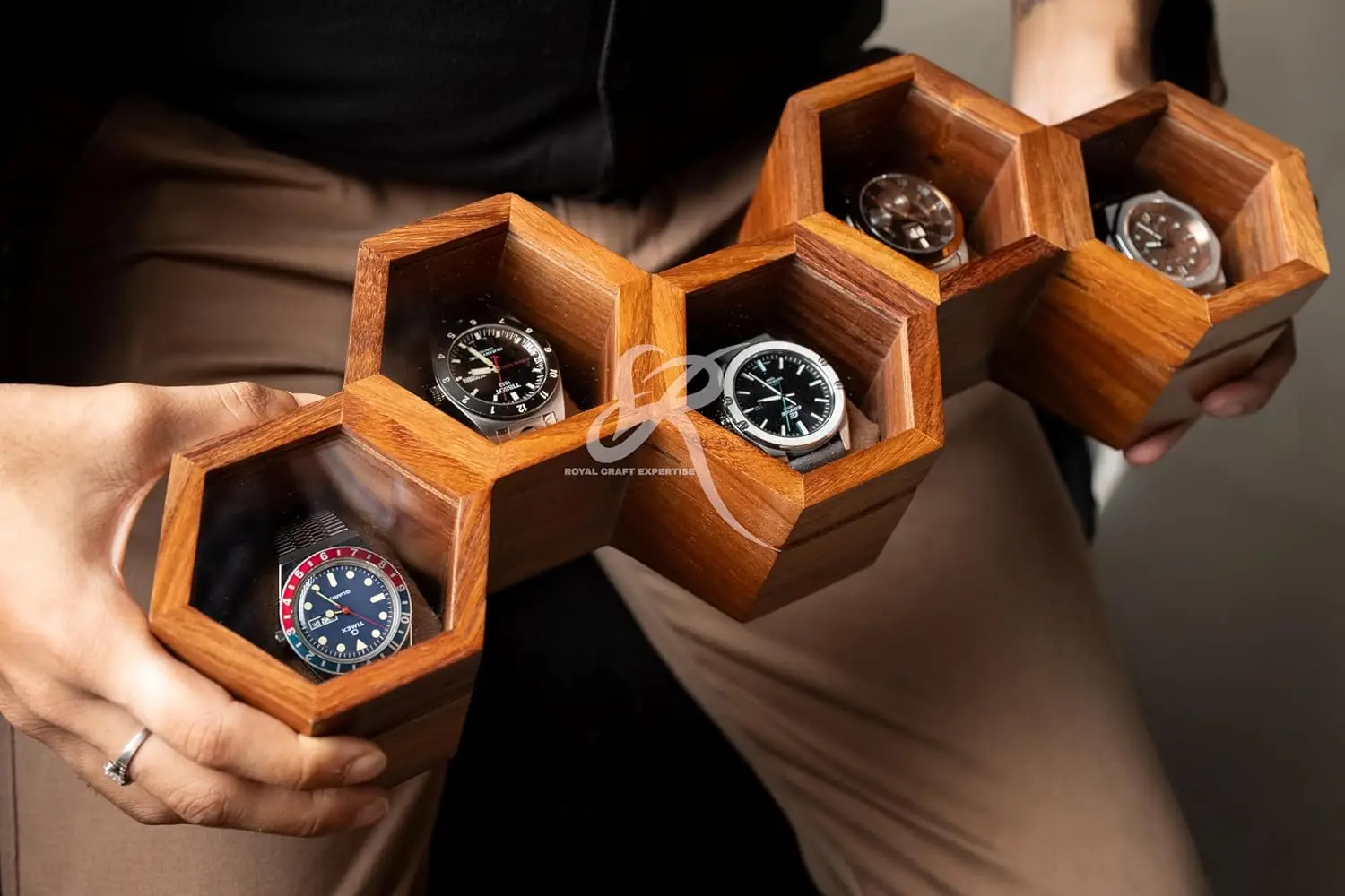 Rosewood Wall Watch Box Glass Cover Five Slot Hanging Honeycomb Handcrafted Storage