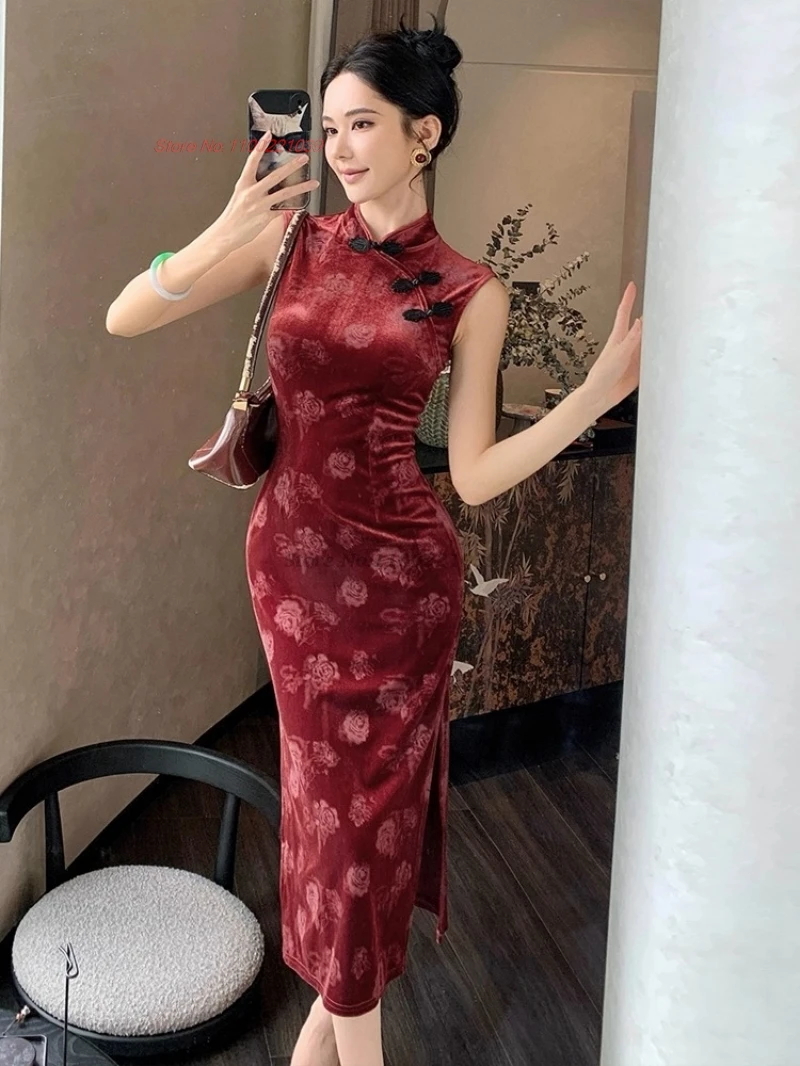 

2025, восточное сексуальное платье для ночного клуба, улучшенное Cheongsam, традиционное бархатное платье Ципао с тиснением, банкетное вечернее платье, платье