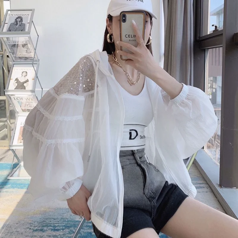 

Thin Sequin Sunscreen Coat Women Summer New Korean Hollow Out Bat Sleeve Loose Cardigan Hooded Tops Female Lace White Jacket