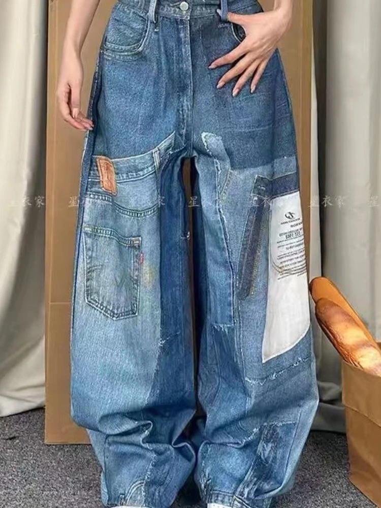 

Oversized High Street Jeans High Waist Spicy Girl All Match Print Patchwork Wide Leg Pants Y2k American Vintage Women's Clothing