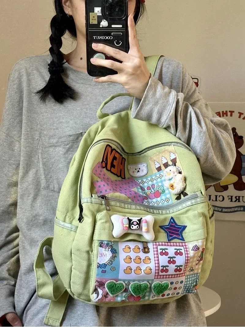 Patch Cute Girl Japanese Canvas Backpack Junior High School Students Niche Design Backpacks Campus All-match Bags