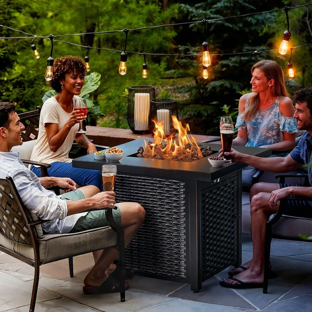 Outdoor Fire Pit Table, Steel Gas Fire Pit with Lid and Lava Rock, Add Warmth to Parties on Patio Deck Garden, Outdoor heaters