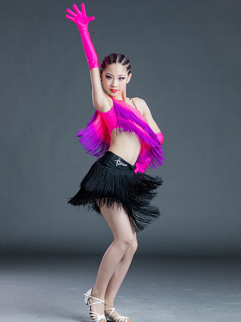 

Детская юбка с градиентной бахромой для девочек, разделенный комплект, детская танцевальная одежда для латинских выступлений, юбка с кисточками, костюмы для выступлений