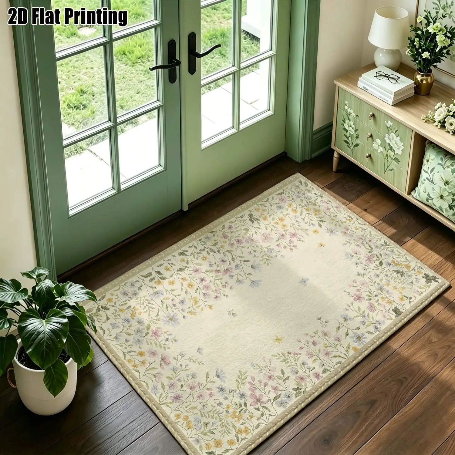 1Pc 2D Printed Carpet: Light Beige Base Pink Floral Patterns, European/Retro/Geometric Striped/Bohemian Style, Multi-Size Home Decor Rug for Living Room Bedroom Dining Room Entryway Study, Machine Washable