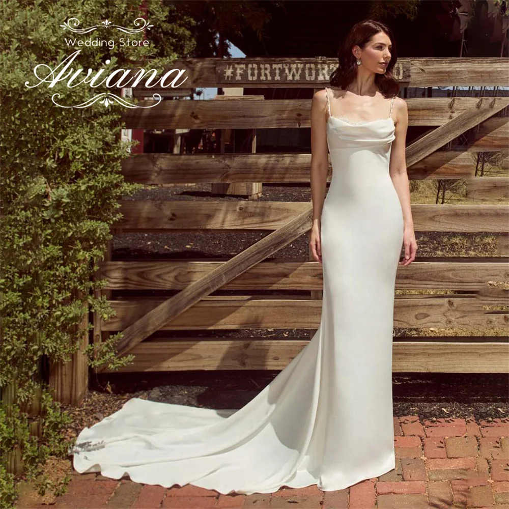 

Aviana Customized Mermaid Wedding Dress Button Lace Embroidery Appliques Spaghetti Strap Sweep Train Ruffles Pearls Backless