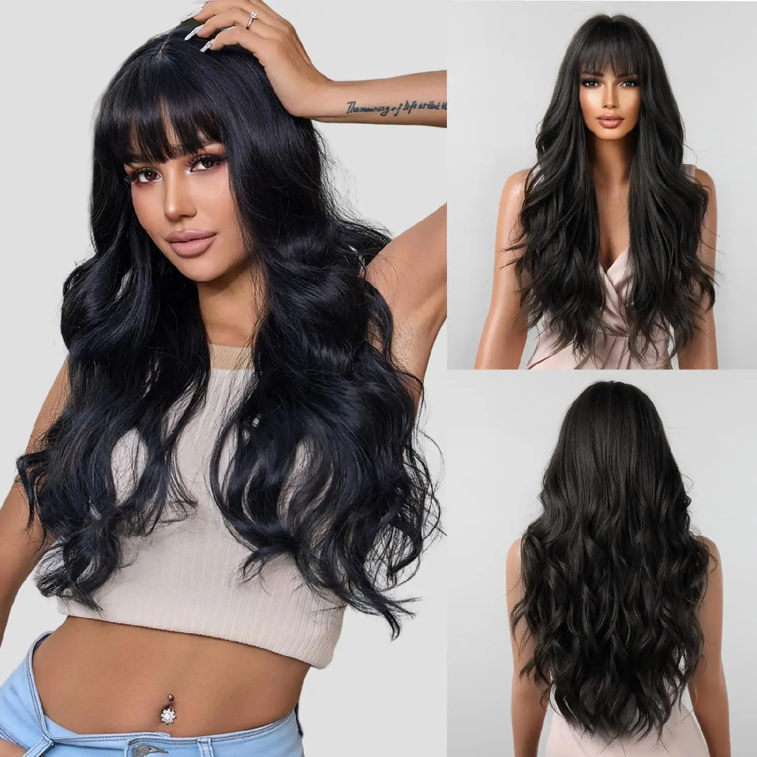 Synthetic Full Bangs Wig For Women With Full Headband Long Curly Hair Simulated Scalp Natural Glueless Wigs Hair Ready To Wear.