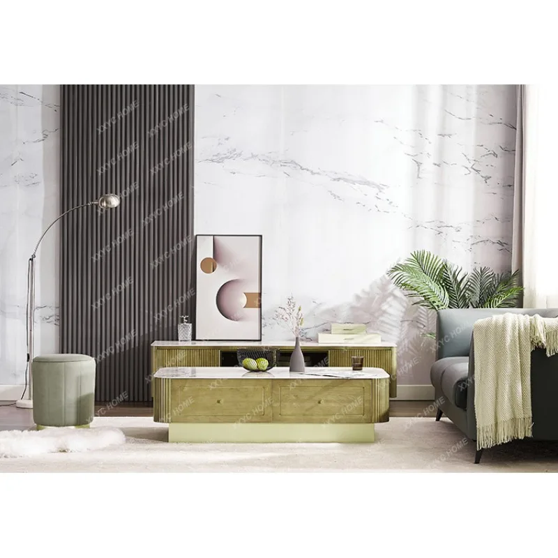 Lsolid wood light luxury living room small apartment slate modern simple drawer coffee table