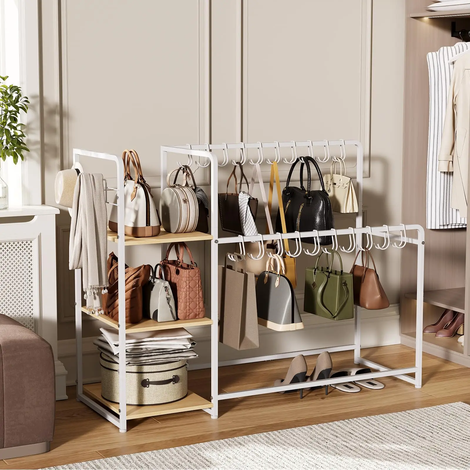 Space Saving Purse Organizer Rack 3 Tier With 20 Hangers And 3 Hooks Wooden Handbag Storage Shelf On Wheels Heavy Duty Bag Stand For Closet Bedroom Entryway