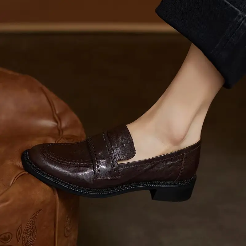 

Womens Classic Loafers Sheepskin Handmade Round Toe Chunky Heel Shoes Slip On Woman Quality Loafers Spring Autumn Cozy Footwear