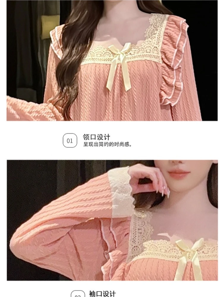 قمصان نوم قطنية بأكمام طويلة مقاس كبير للخريف للنساء ملابس نوم لطيفة برقبة مربعة على طراز الأميرة فستان نوم كوري للمنزل