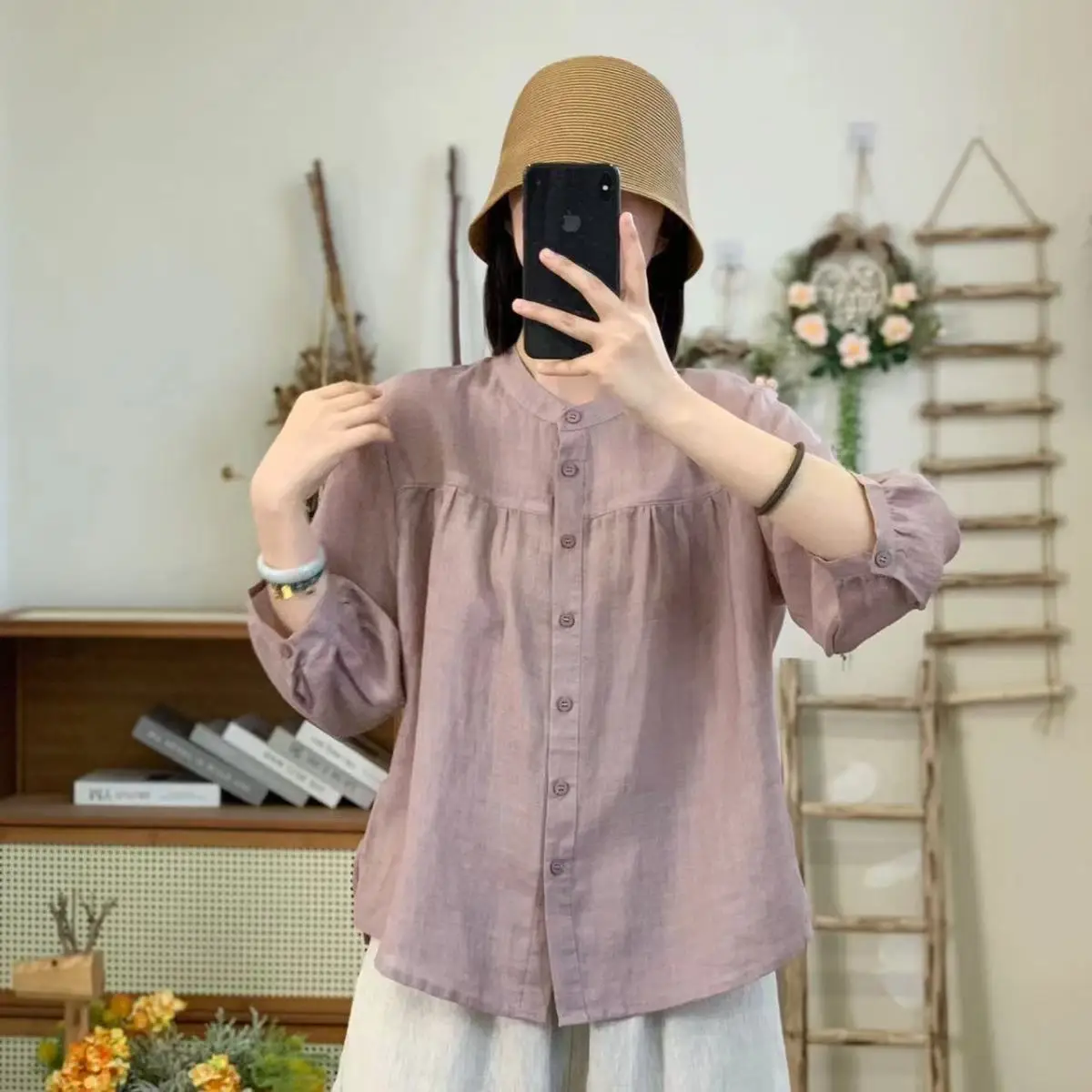 Cotton Linen Shirt Women Spring Summer New Fashion Casual Retro Literary Solid Color Design Sense Seven-quarter Sleeve Top Women