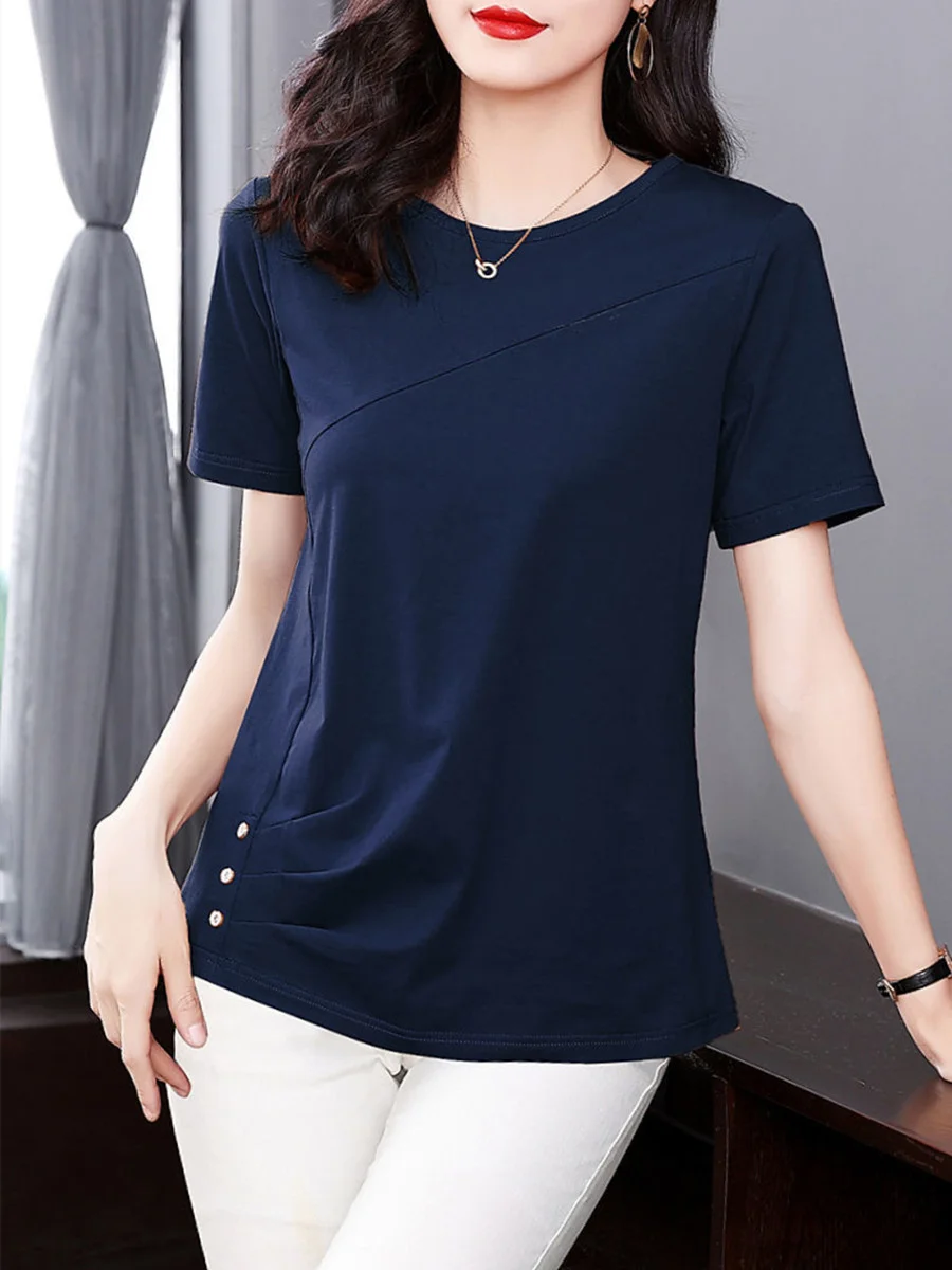 5XL Women Summer Spring cotton Blouses Shirts Lady Fashion Casual Short Sleeve O-Neck Solid Color T-shirt Blusas Tops MM2069