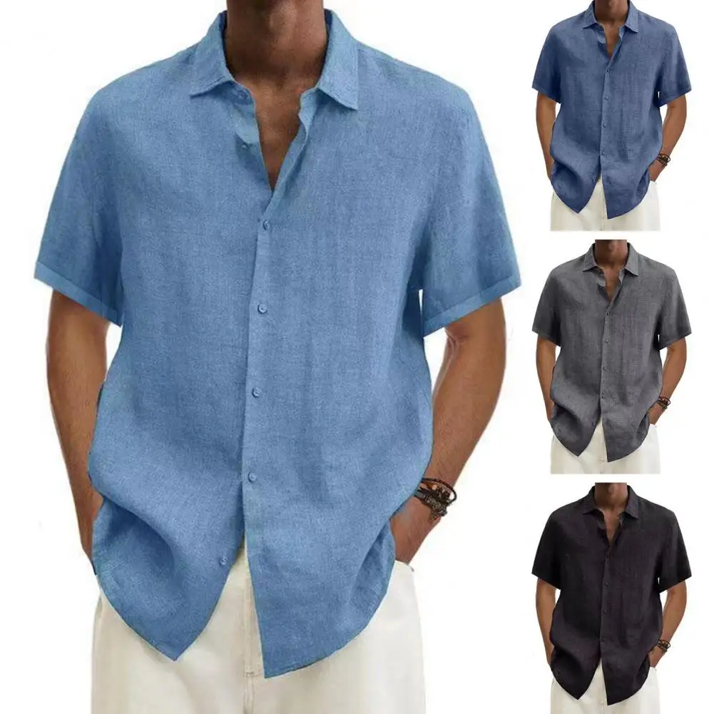 Cotton Linen Blouse Summer Men Turn Down Collar Short Sleeve Button Loose Blouse Tops M-3XL