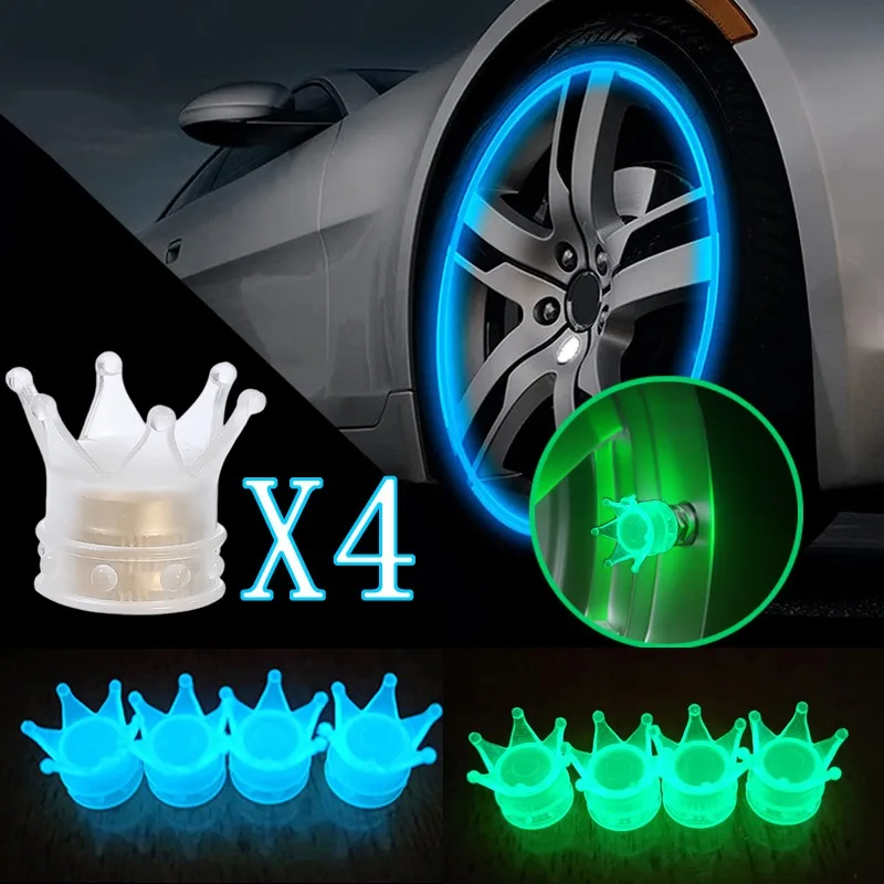 4pcs Luminous Crown Luminous Valve Stem Cover Automobile Motorcycle Tire Luminous Valve Stem Cap for Car Motorcycle Bike Tyre