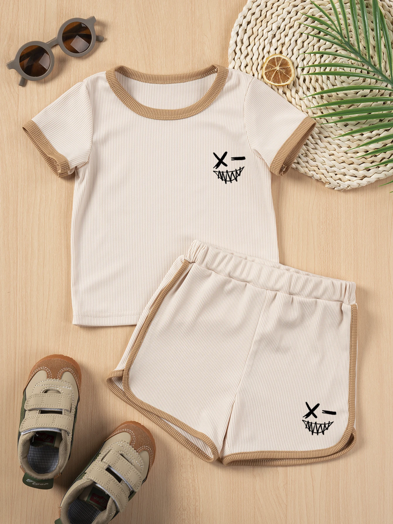 Toddler Girl's Solid Ribbed Tee & Striped Print Shorts Set, Casual Short Sleeve T-shirt & Elastic Waist Shorts, Summer Clothes