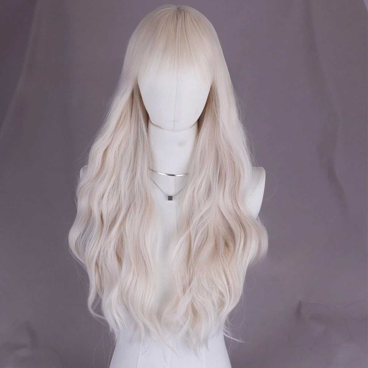 

Wig Female long curly hair white gold Qi bangs wool roll lazy fluffy natural realistic full head wig