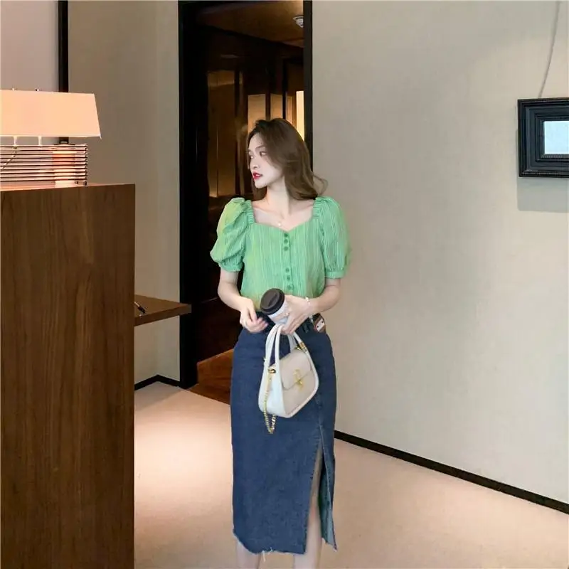 Yellow Plaid Blouse for Women's Summer New Temperament Short Sleeve Button Patchwork Short Shirt Tops Korean Fashion Clothing
