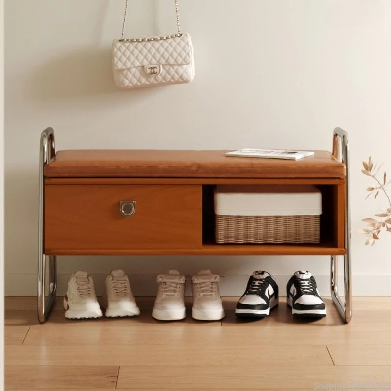 Mid-Century Solid Wood Shoe Bench Upholstered Entryway Storage Stool Luxury Minimalist Shoe Rack Boxwood Nordic Furniture