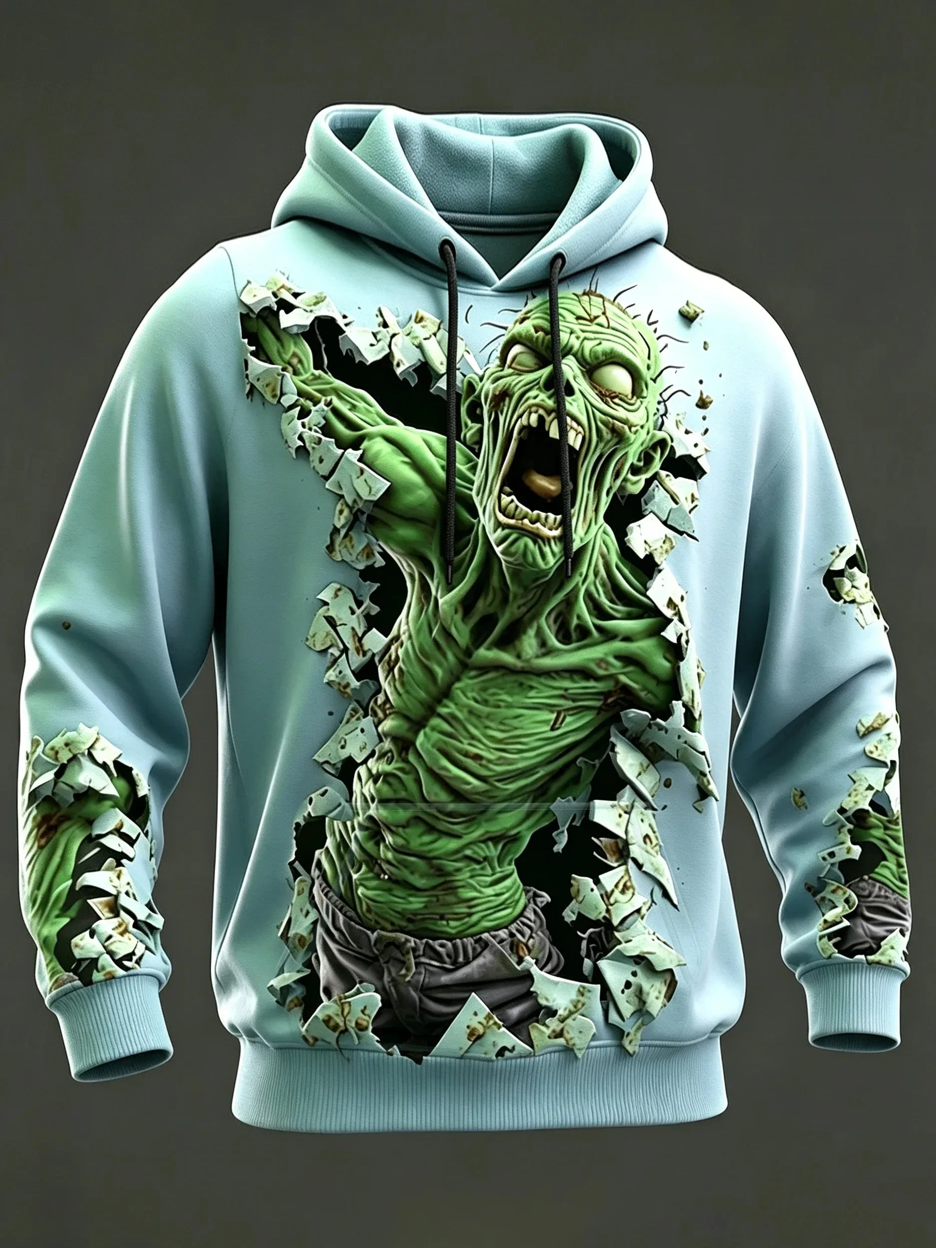 Men Unisex 3D Print Hoodie Break Through Wall Zombie 3D Pattern Pullover Long Sleeve Kangaroo Pocket Halloween Sweatshirt