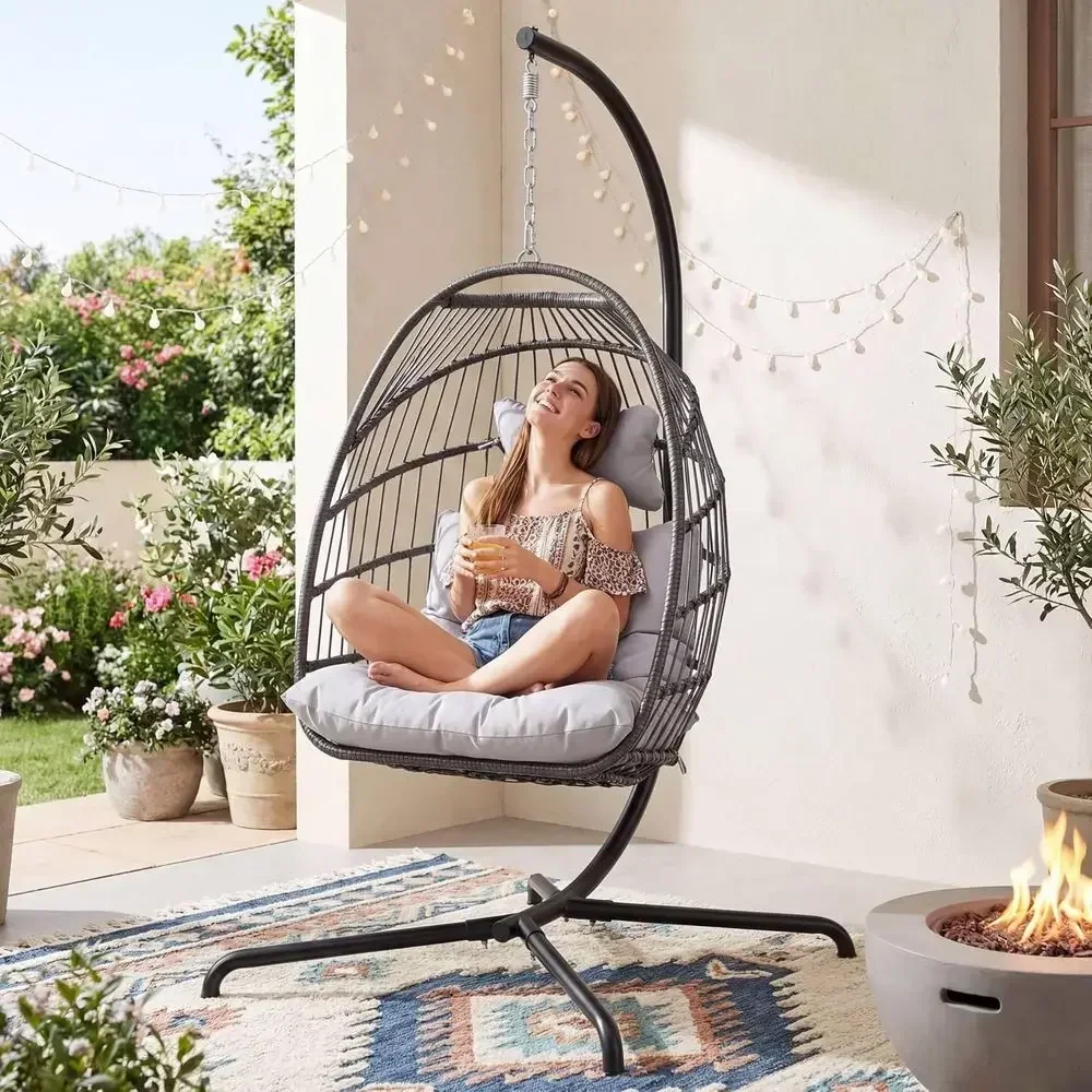 Light Grey Outdoor Patio Egg Chair with Stand, Cover, and Compact Foldable Wicker Hanging Hammock Chair for Indoor or Outdoor Us