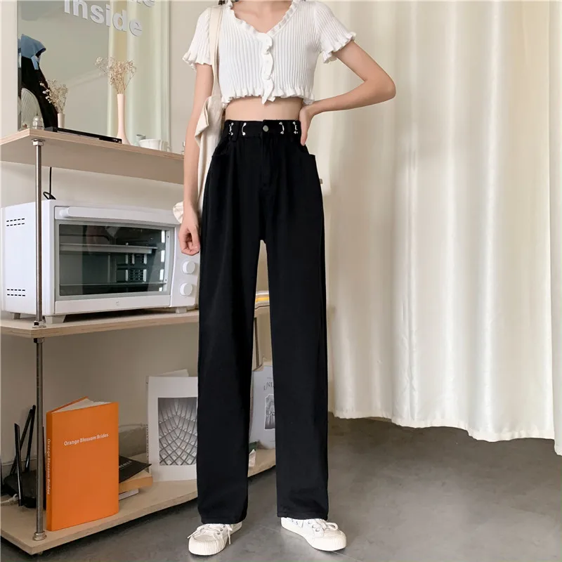 بنطلون جينز Bla عالي الخصر وواسع الساق للنساء فضفاض ومستقيم ورقيق للصيف بالإضافة إلى مقاس كبير بطول الأرض