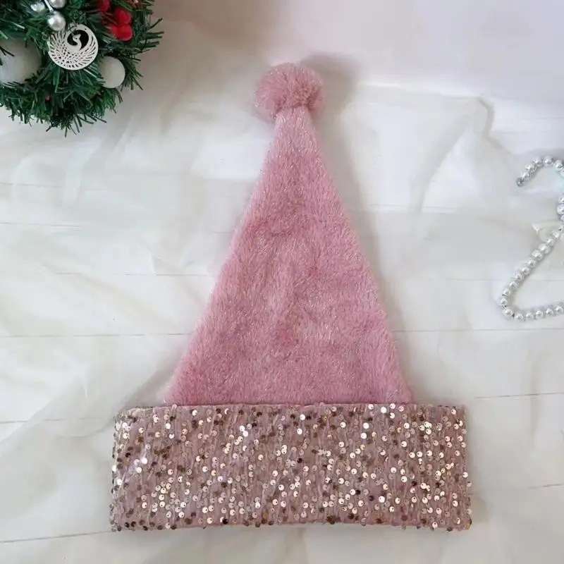

39BB Sequined Christmas Santa Hats Thicken Plush Headgear Pink Furry Brim for Christmas Parties Cosplay Accessories