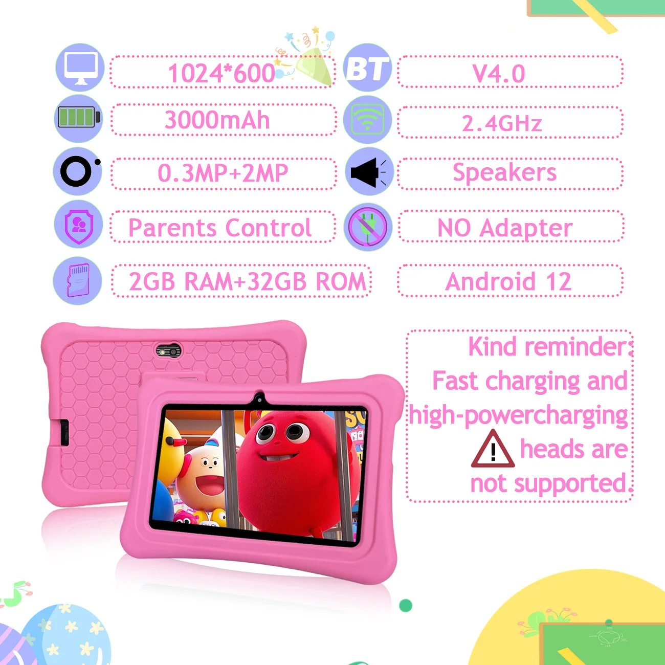 Tablet infantil Android de 7 polegadas com 12 câmeras duplas, projetado para meninos e meninas como aniversário divertido, presentes de Natal