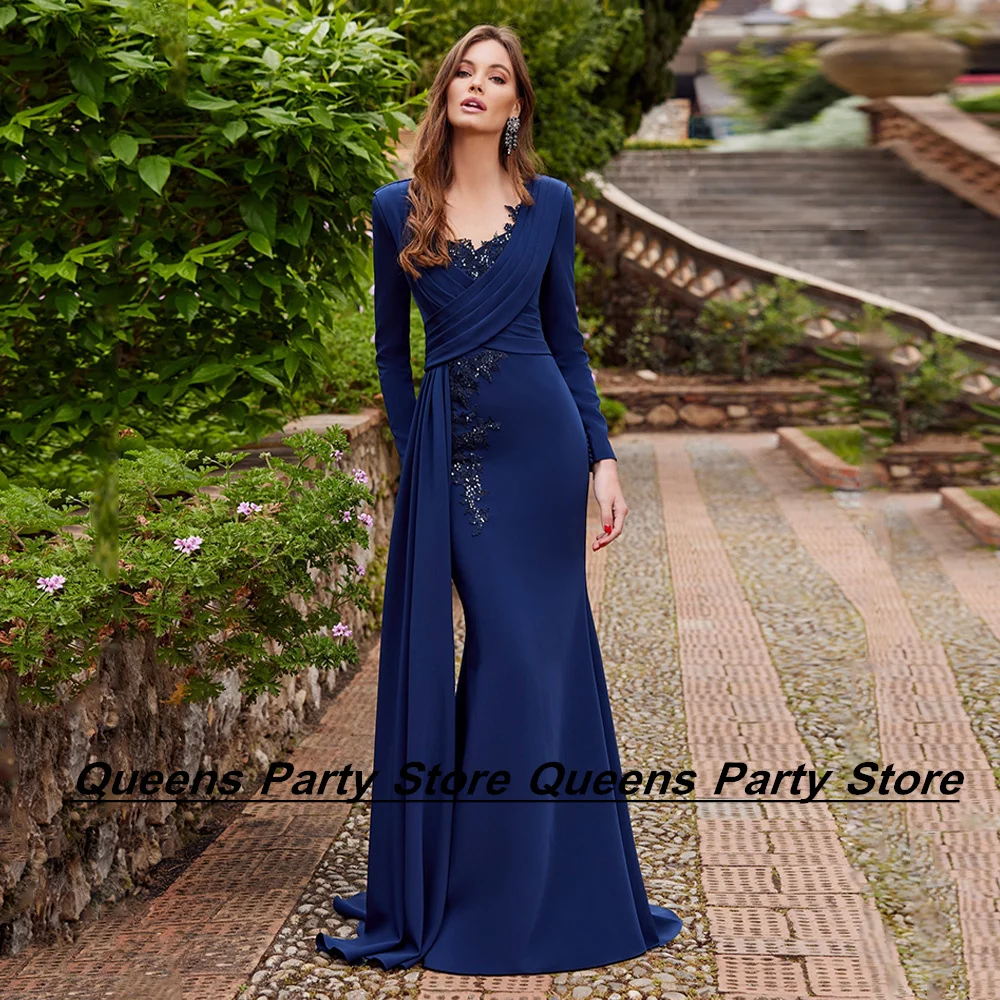 

Weilinsha Navy Mother of The Bride Dress Stretch Mermaid Party Dresses Long Sleeves Sequin Applique Evening Wedding Guest Gown