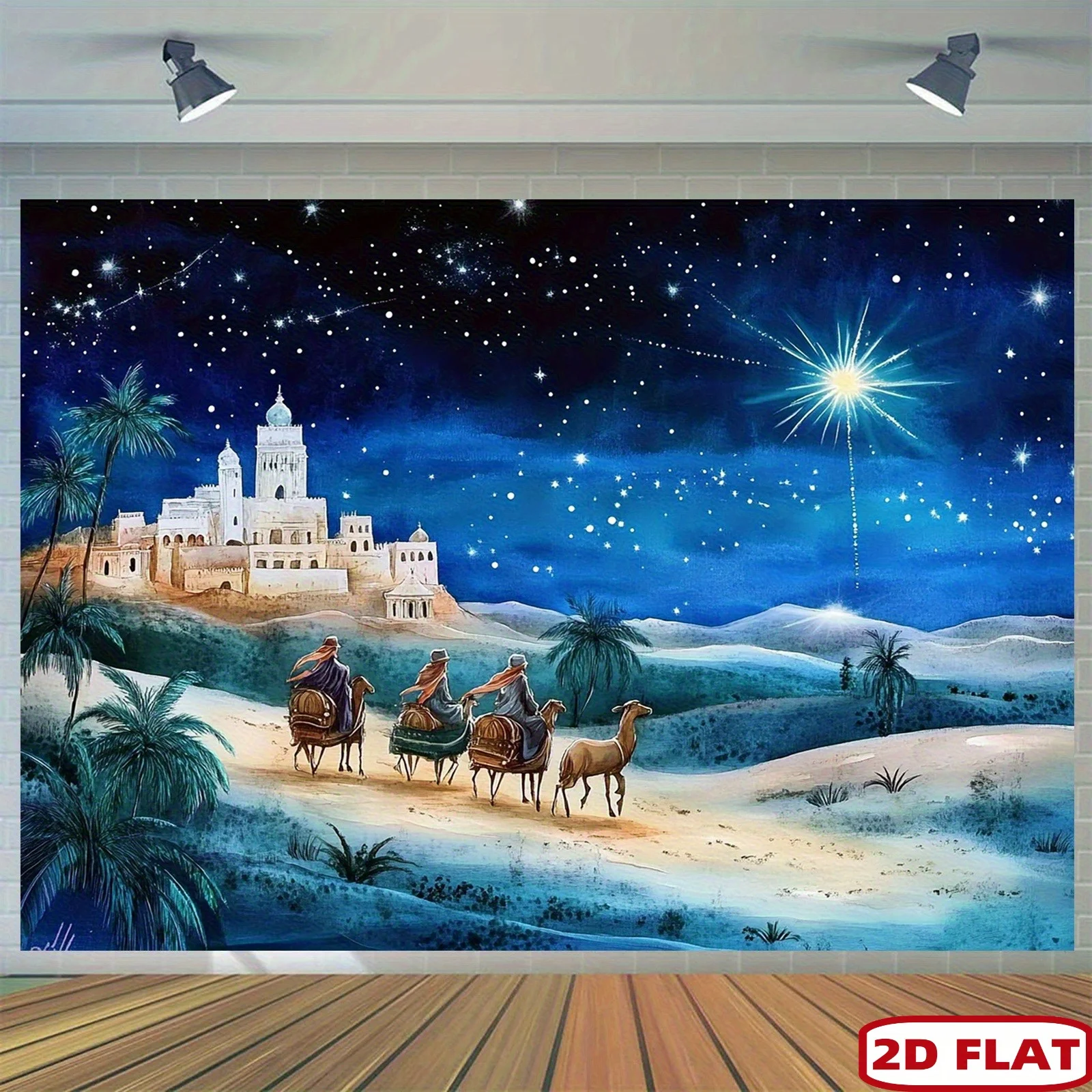 قطعة واحدة من لافتة ميلاد عيد الميلاد - ثلاثة رجال حكماء يبعون نجمة بيثليهيم، مع خلفية من السماء المرصعة بالنجوم والمناظر الطبيعية الصحراوية #3